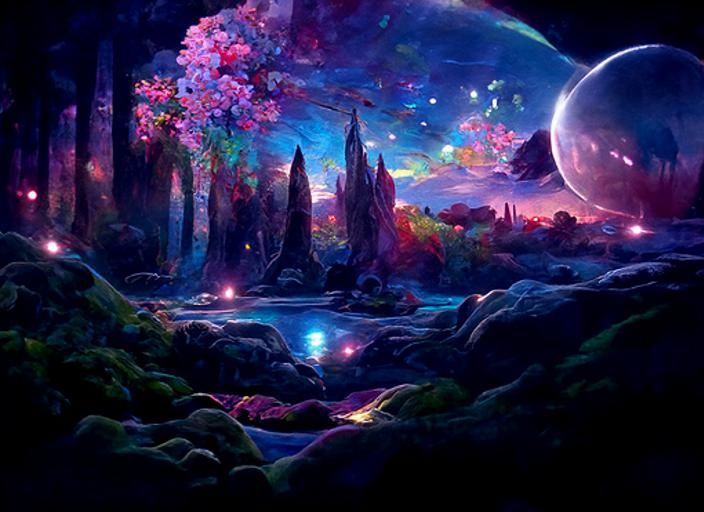 Pastel Alien Landscape with Luminous Stars