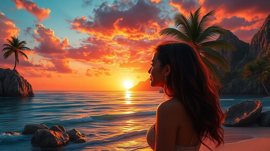 Serenely Standing Woman Gazing at Tropical Sunset