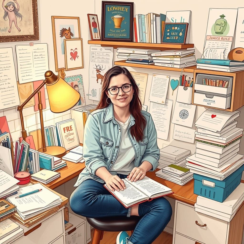 Person at Desk with Notes in Whimsical Style