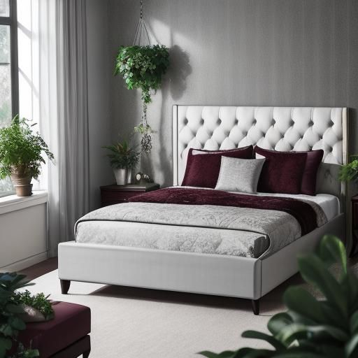 Luxurious Silver and Burgundy Bedroom with Plants