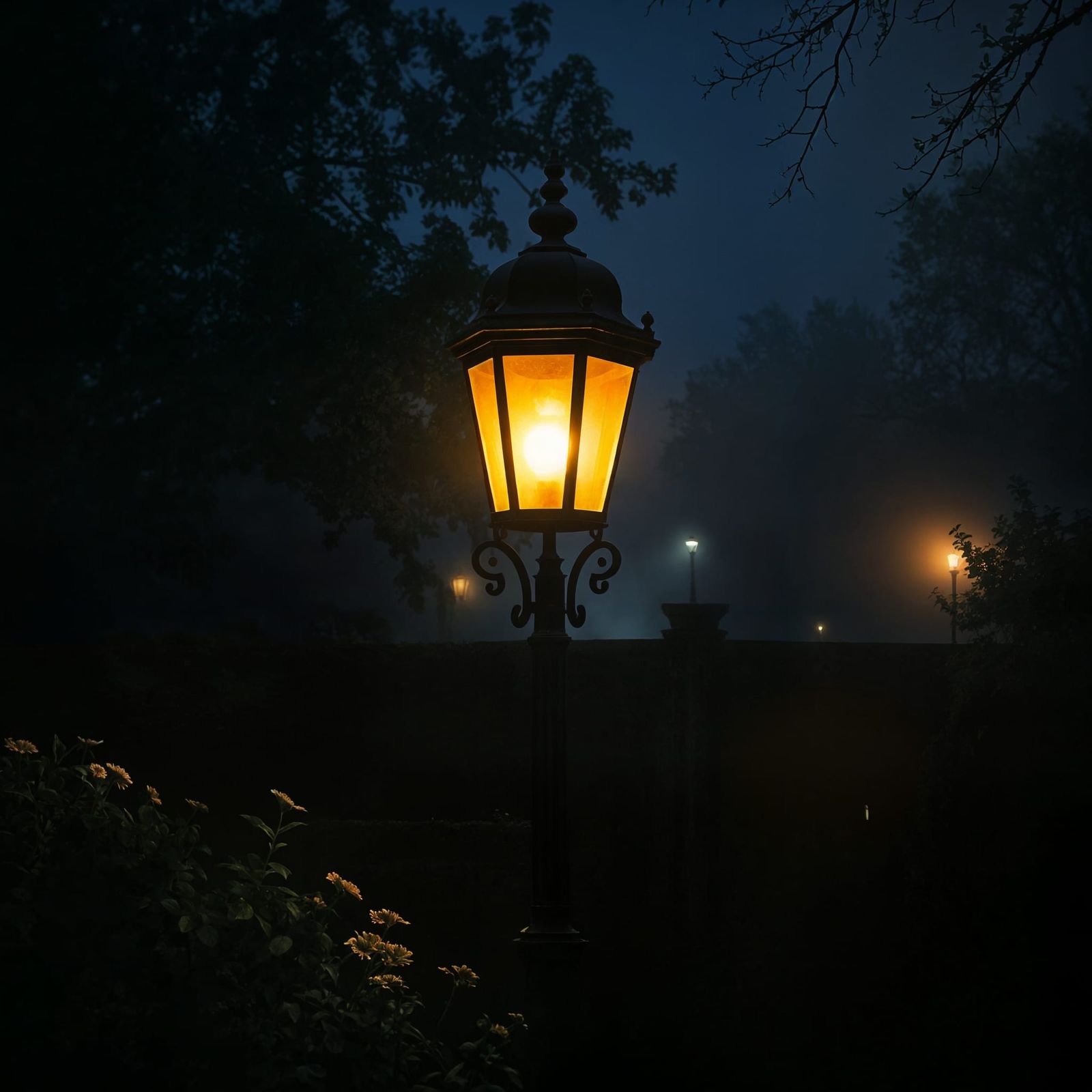 Ornate Lamppost in Foggy Garden: Classical Painting
