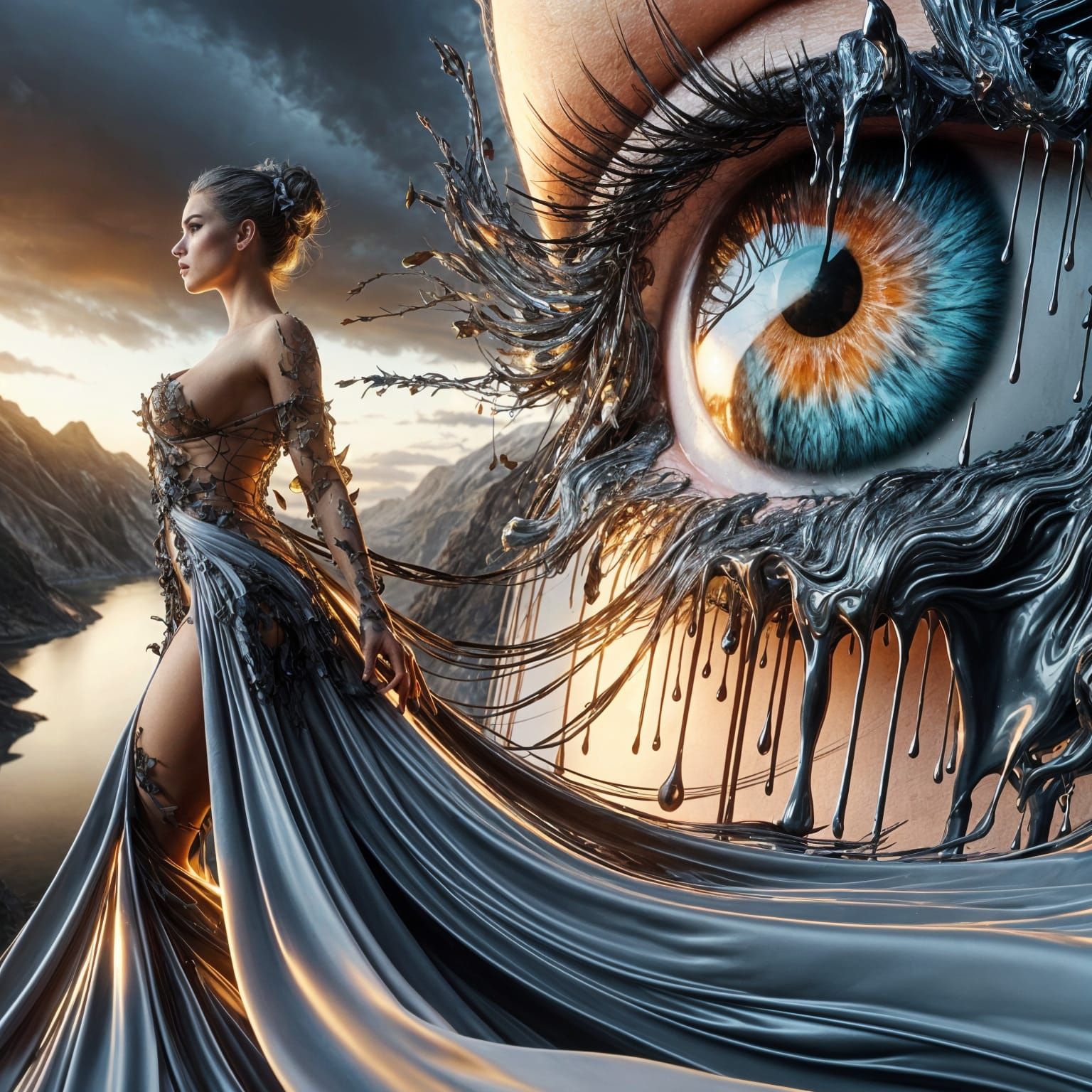 Cyberpunk Woman with Bionic Eye in Dripping Paint