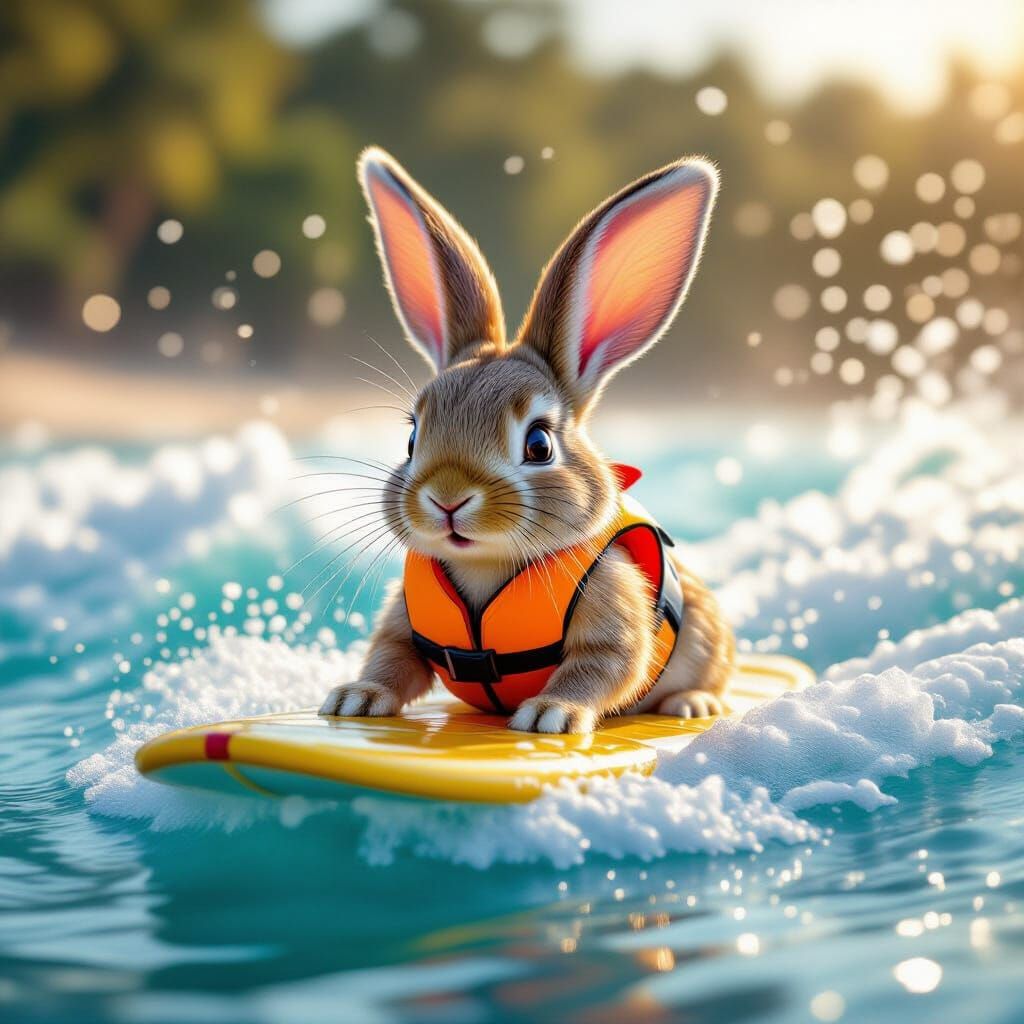 Rabbit Surfing Ocean Waves in Animated Fantasy Style
