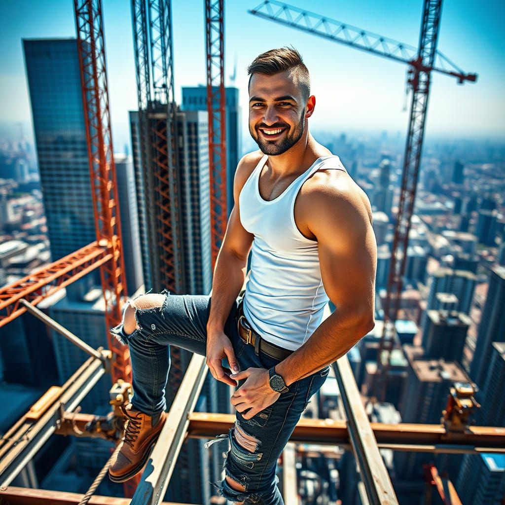Confident Construction Worker Poses on Skyscraper Girders