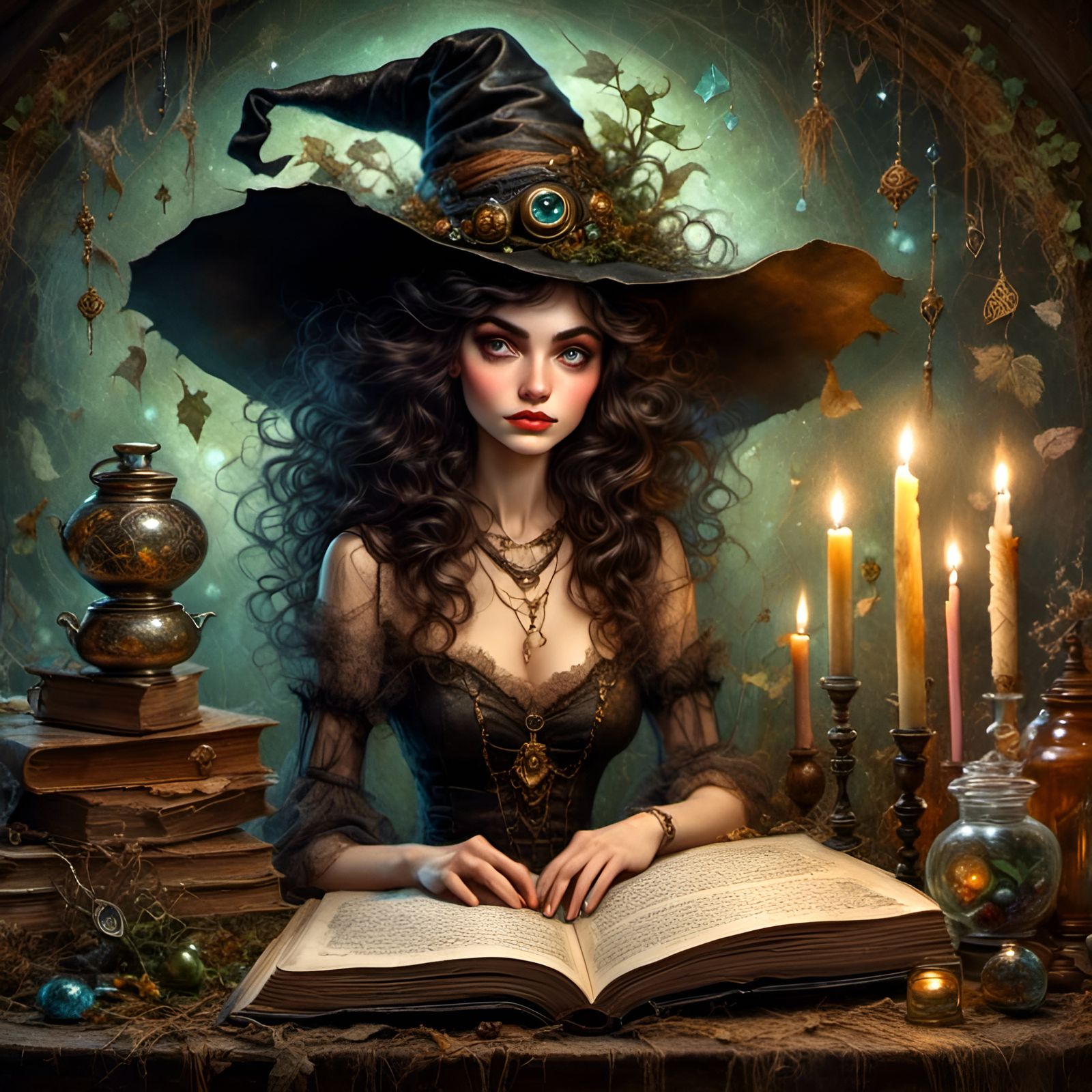 Luck Witch Casting Spells, Mixed Media Painting