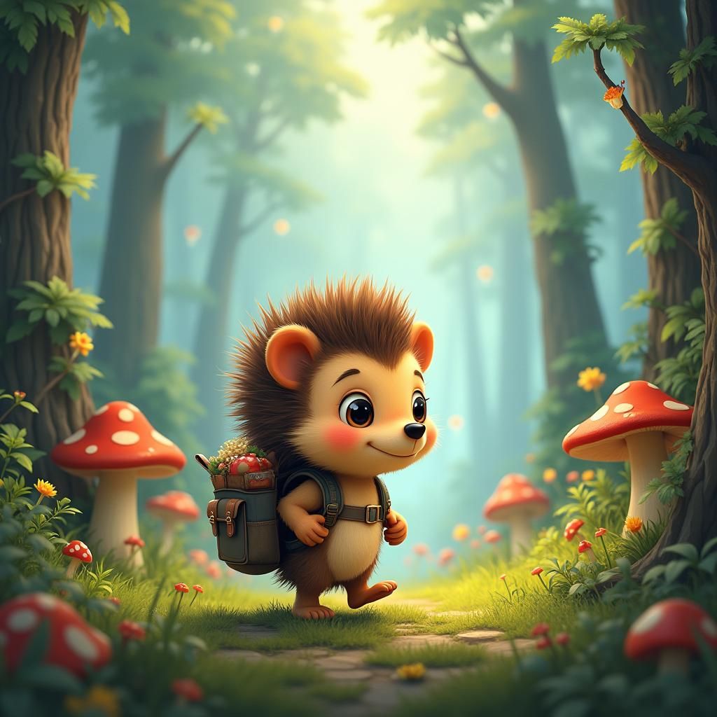 Hedgehog's Forest Adventure in Whimsical Animation Style