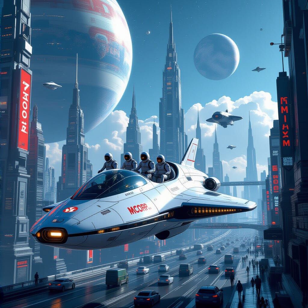 Cyberpunk Cityscape with Spacemen in Futuristic Cruiser
