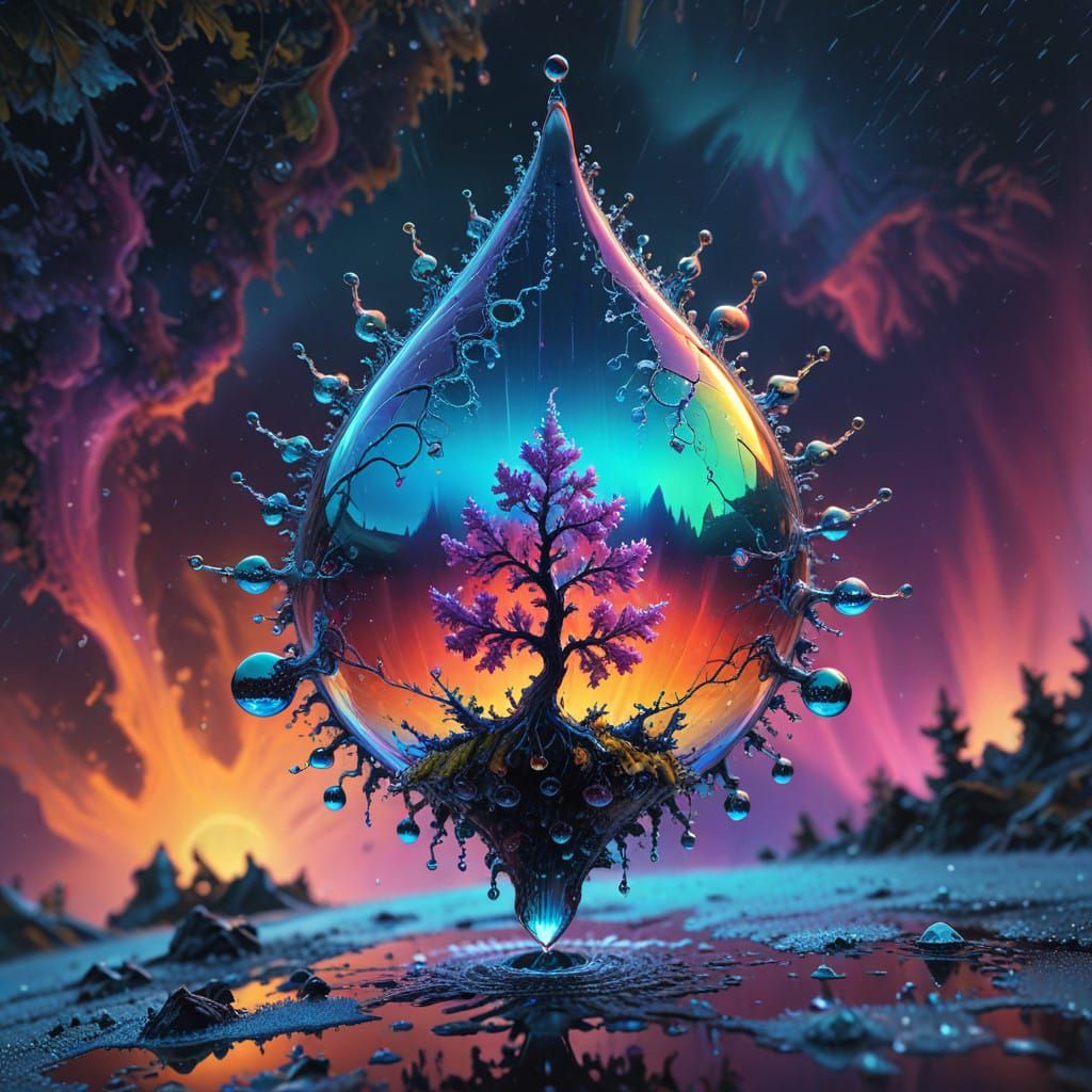 Ethereal Fractal Raindrop Illuminated by Vibrant Psychedelic...