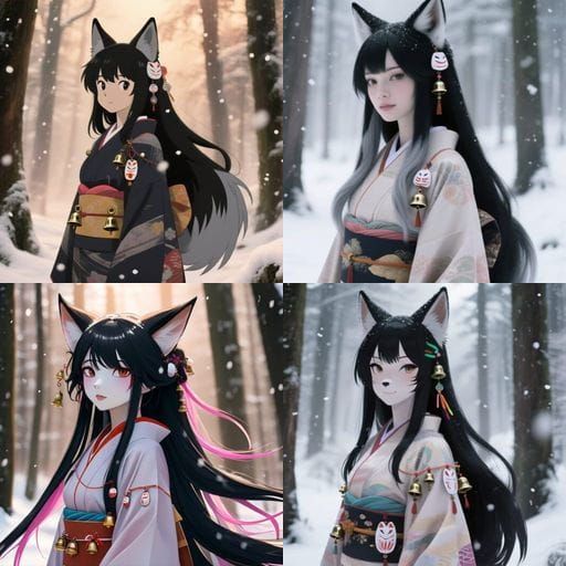 Anthropomorphic Kitsune Priestess in Snowy Forest