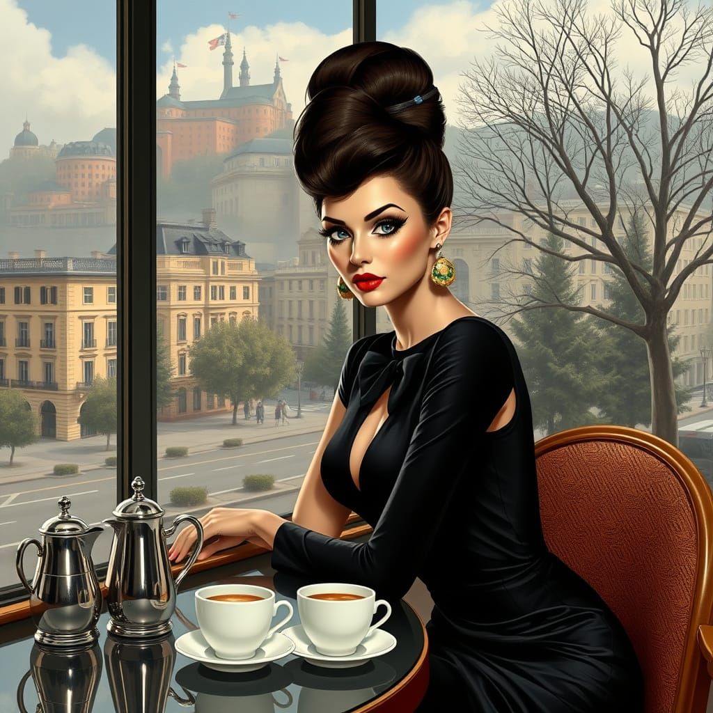 Elegant Woman at Cafe Window in Hyperrealistic Style