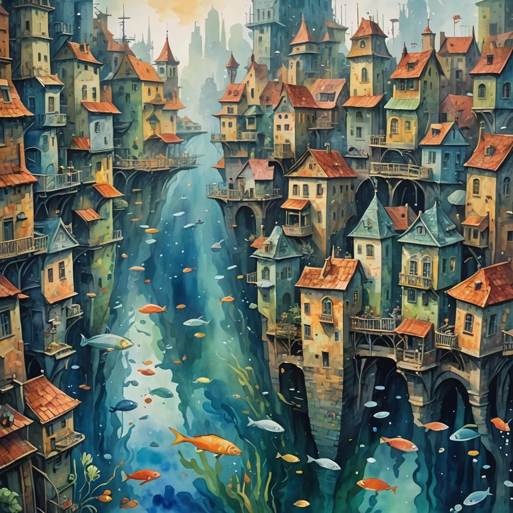 Underwater City in Gouache and Watercolor Style