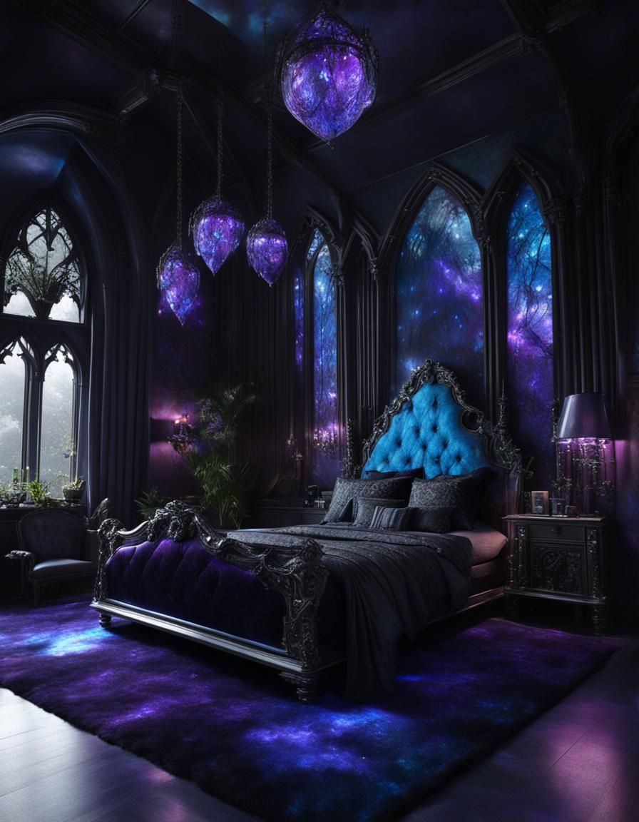 Ethereal gothic bedroom with purple labradorite walls with b...
