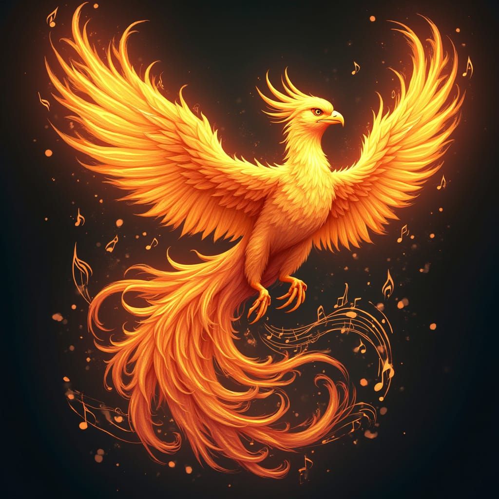 Phoenix Rises from Fiery Musical Notes in Iridescent Splendo...