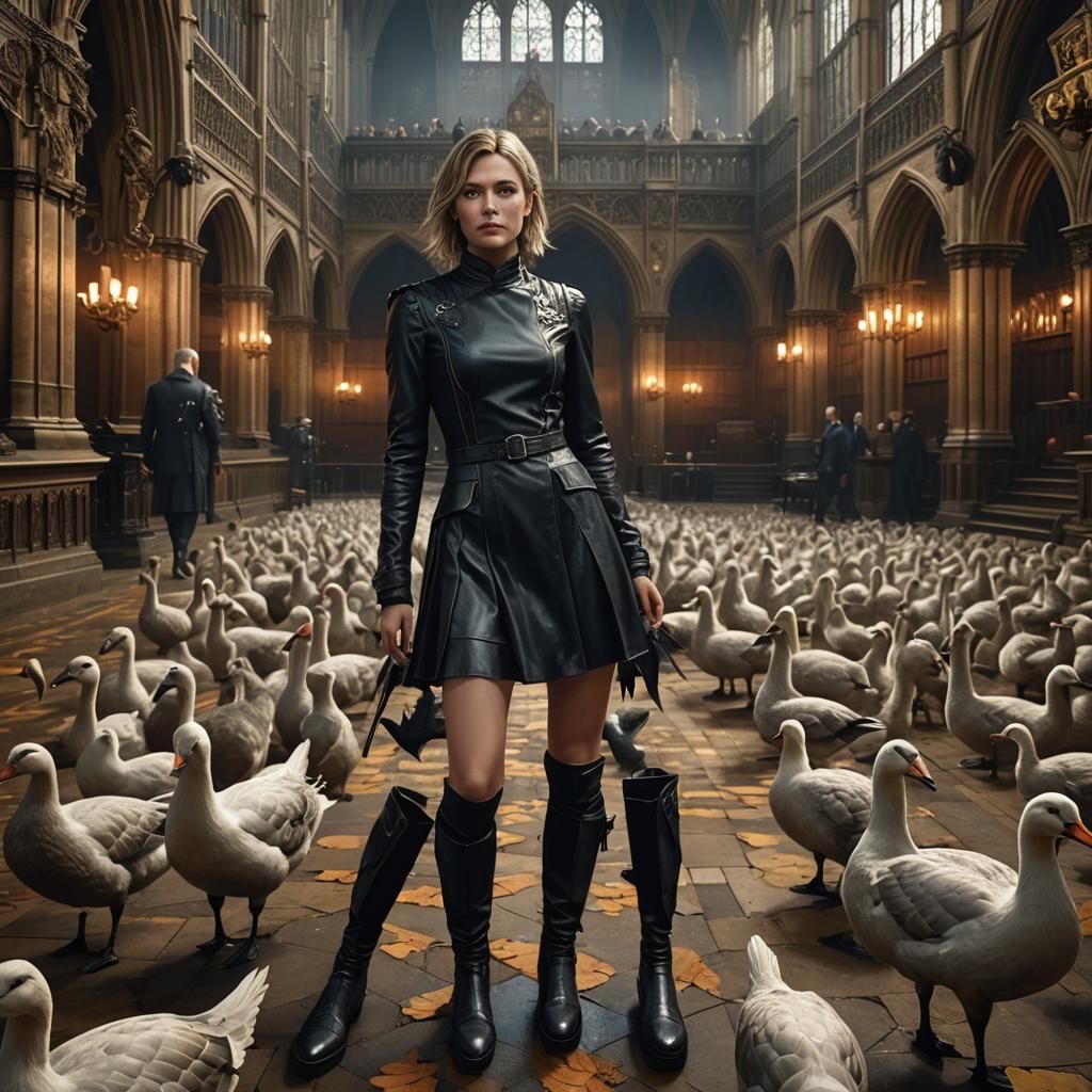 Woman in Leather Surrounded by Geese: Fantasy Art