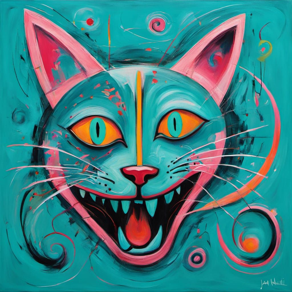 Abstract Feline Form Devours Salmon in Vibrant Turquoise