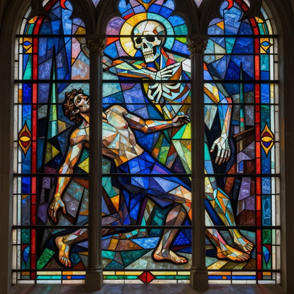 Cubist Stained Glass: Man Flees Death in Art Deco Style