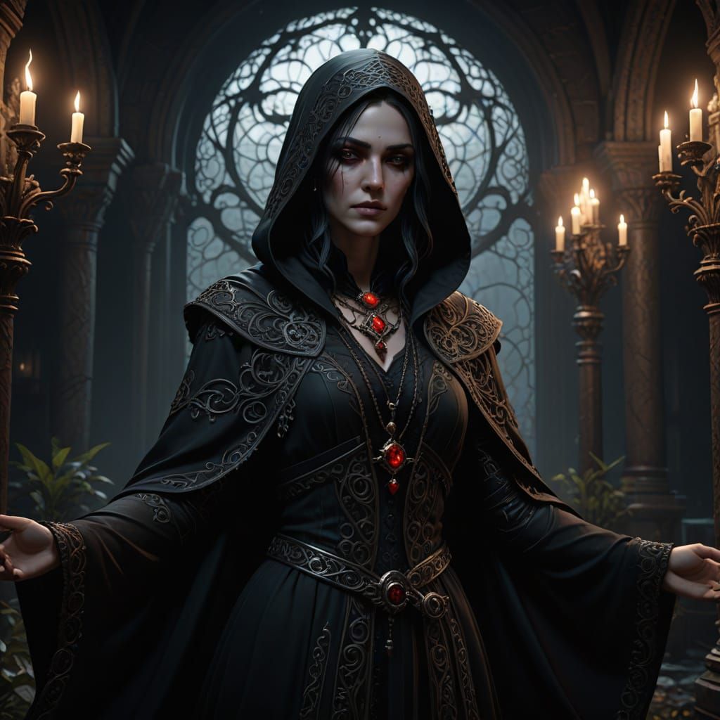 Gothic Priestess with Glowing Eyes in Ethereal Style