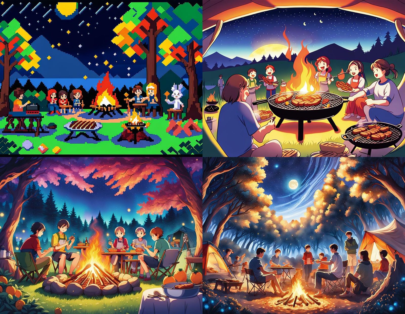 Campfire Chat in Anime Style Under Starry Sky