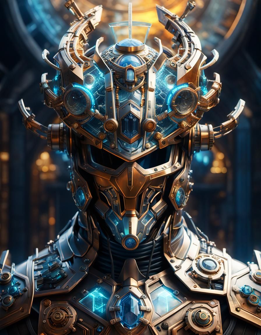 Futuristic Steampunk Helmet with Glowing Crystal Details