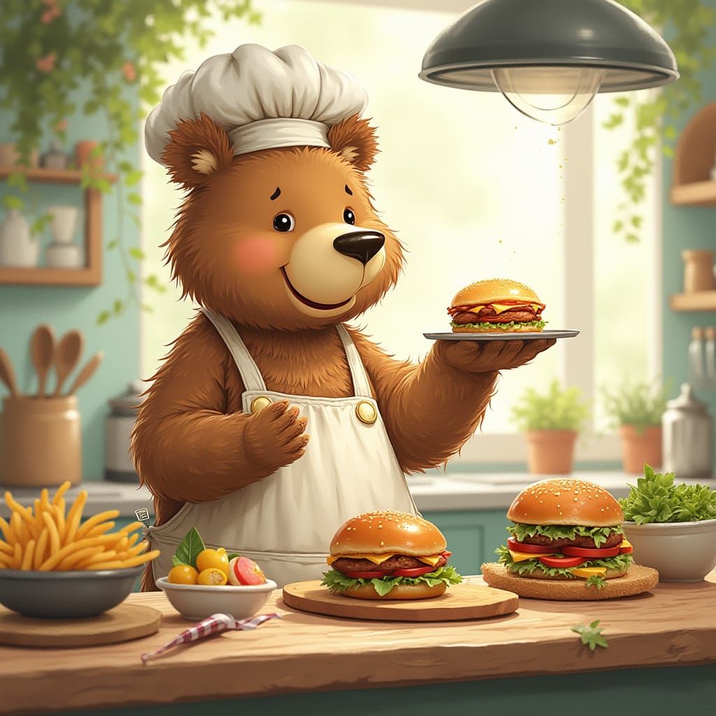 Warm Bear Chef Prepares Whimsical Family Meal in Sunny Kitch...