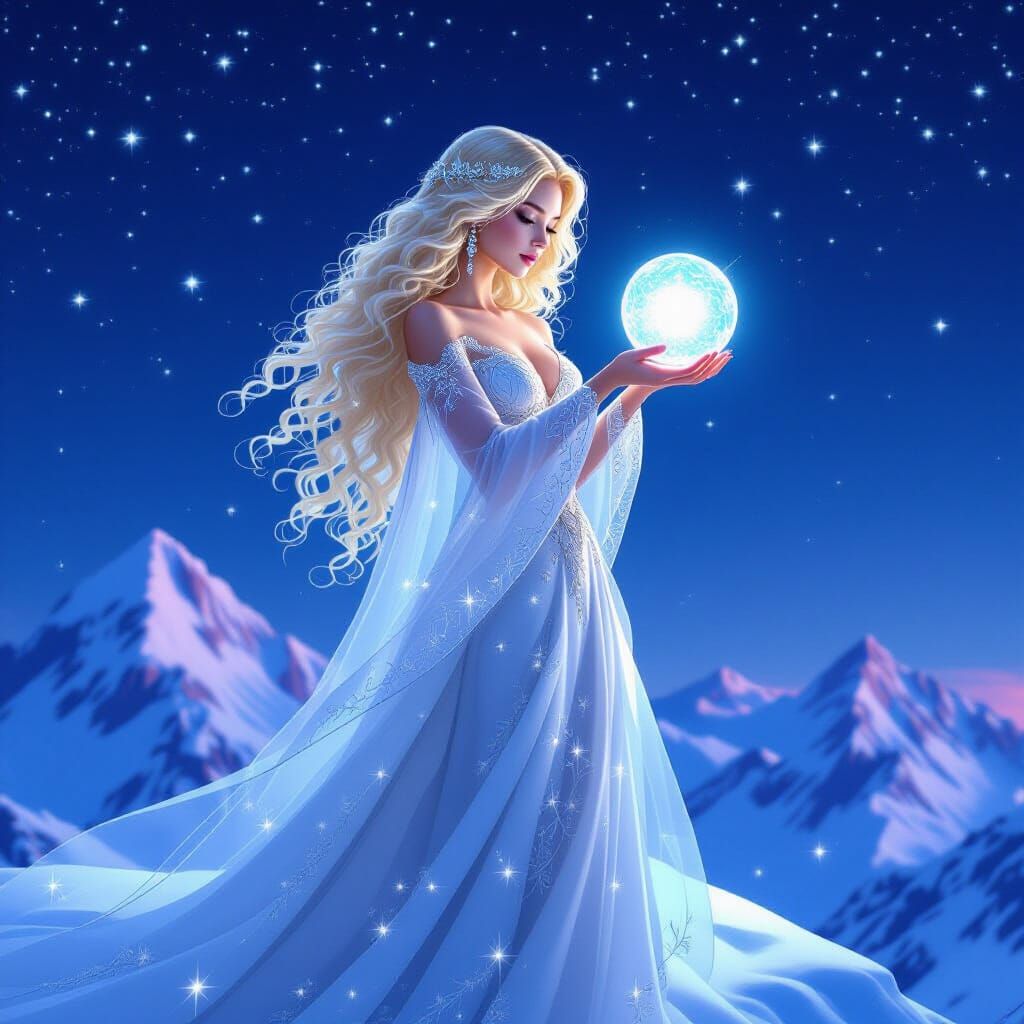 Starlight Gown on Snowy Peak, in Art Nouveau Style