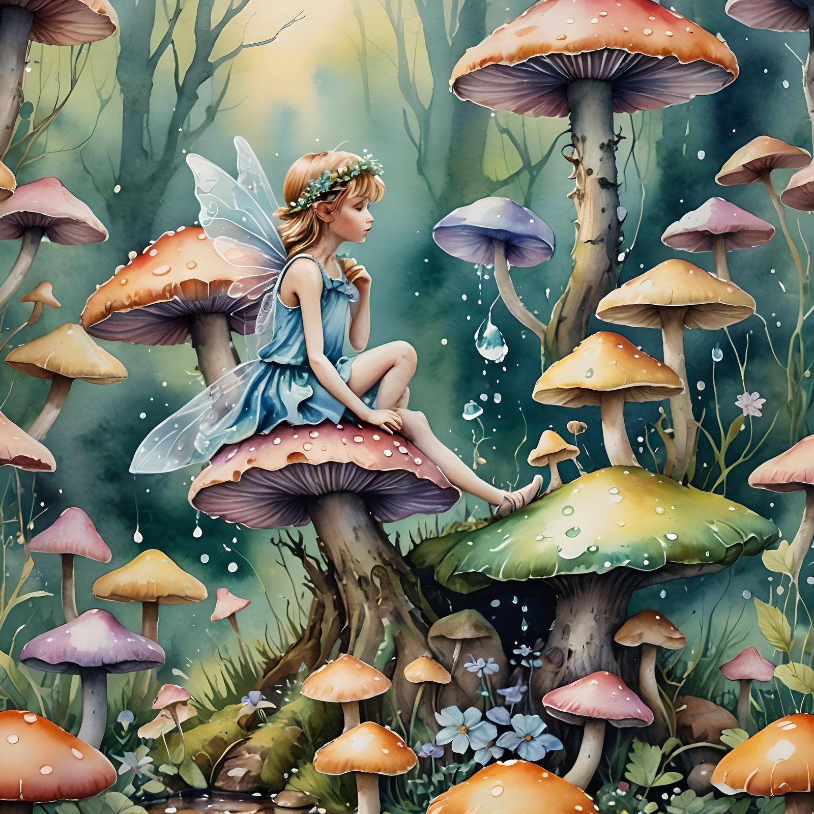 Fairy on Mushroom in Macro Watercolor