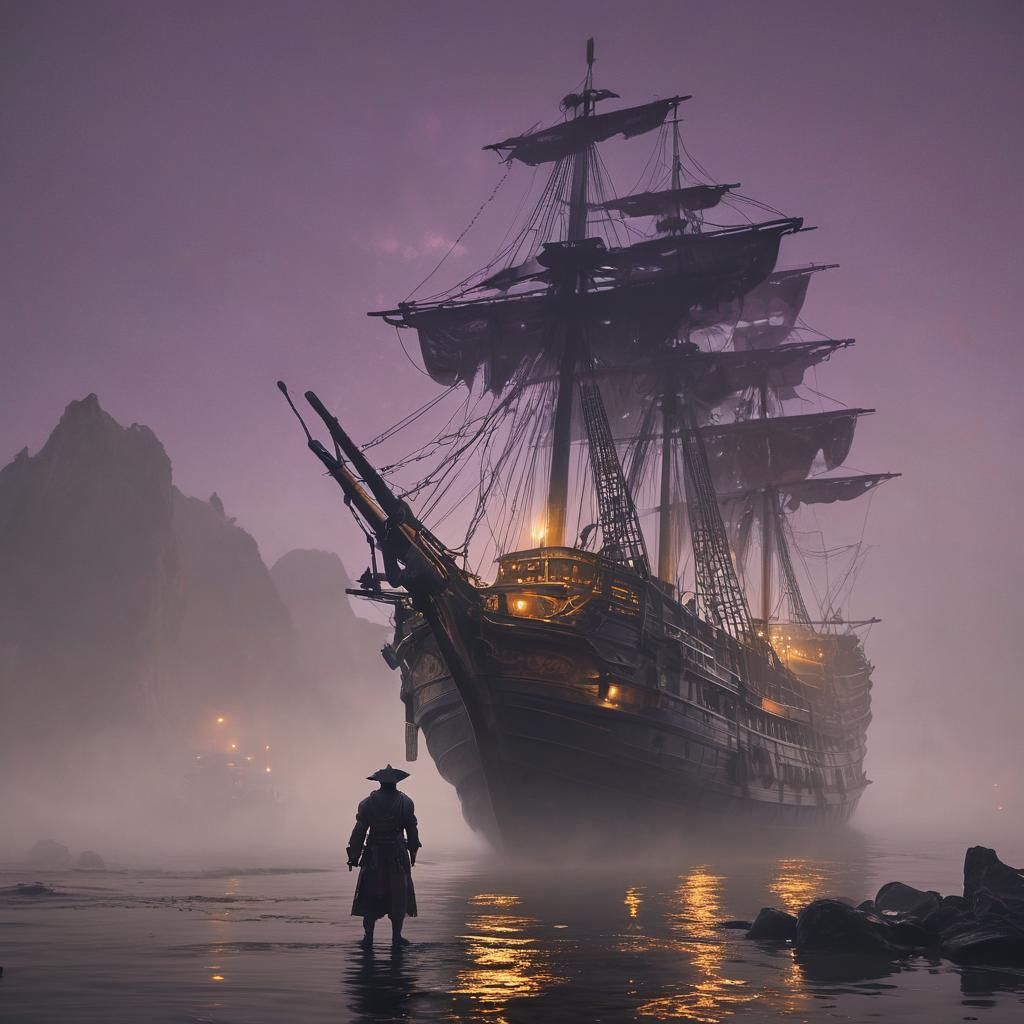Japanese Pirate Ship in Fog, Dark Fantasy Concept Art