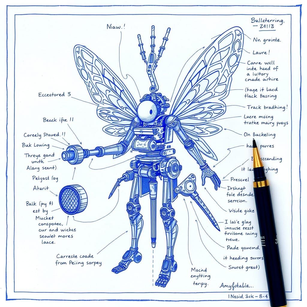 A blue pen and ink blueprint of a “steampunk fairy automaton...