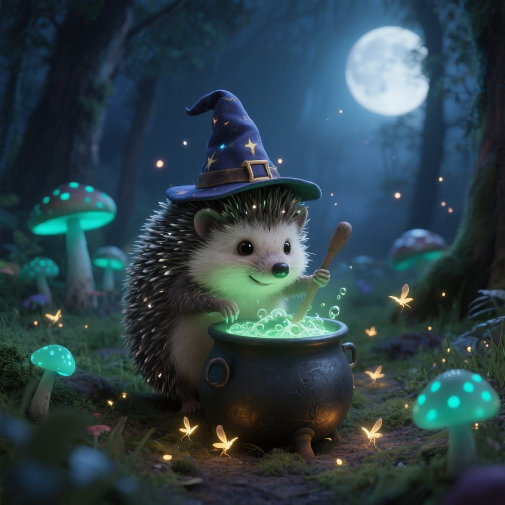Whimsical Hedgehog Wizard in Moonlit Glade