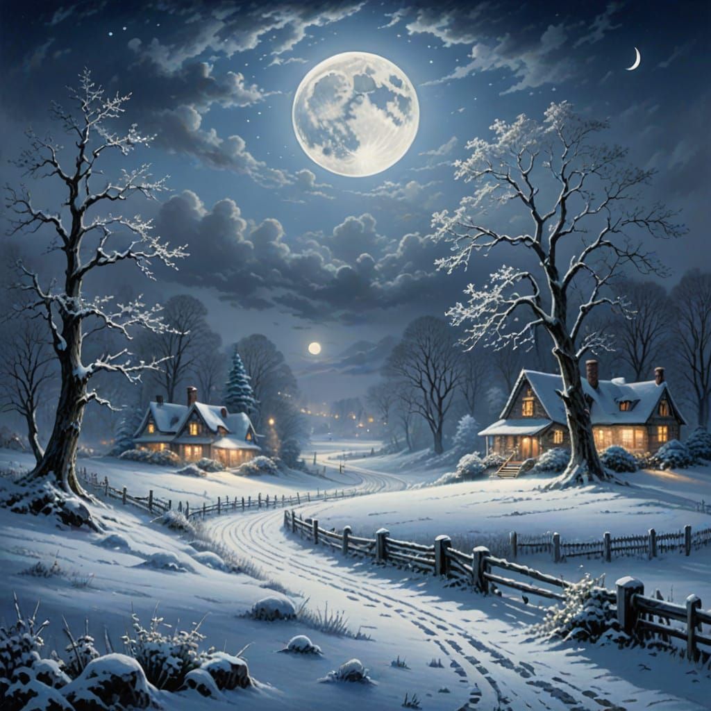 Ethereal Snowfield Under Full Moon with Glowing Mist