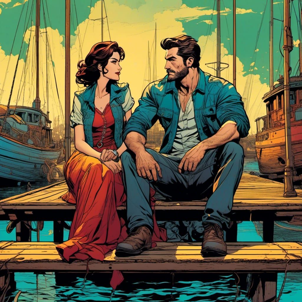 Comic Book Style Illustration of Couple on Dock