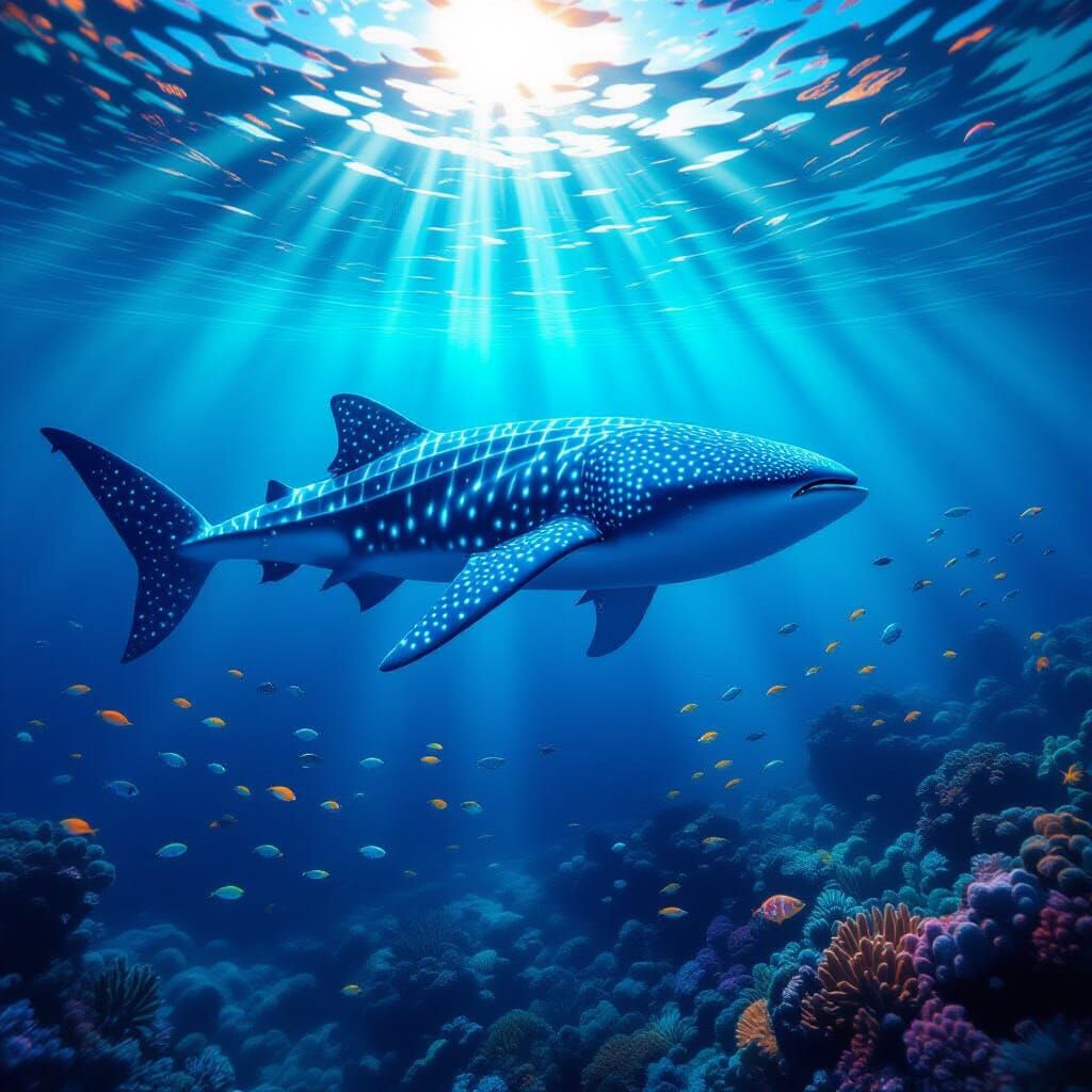 Bioluminescent Whale Shark Glides Through Coral Reef