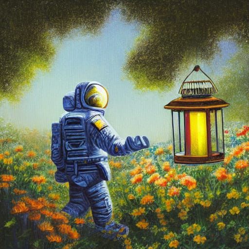 Astronaut in Ethereal Garden with Glowing Lanterns