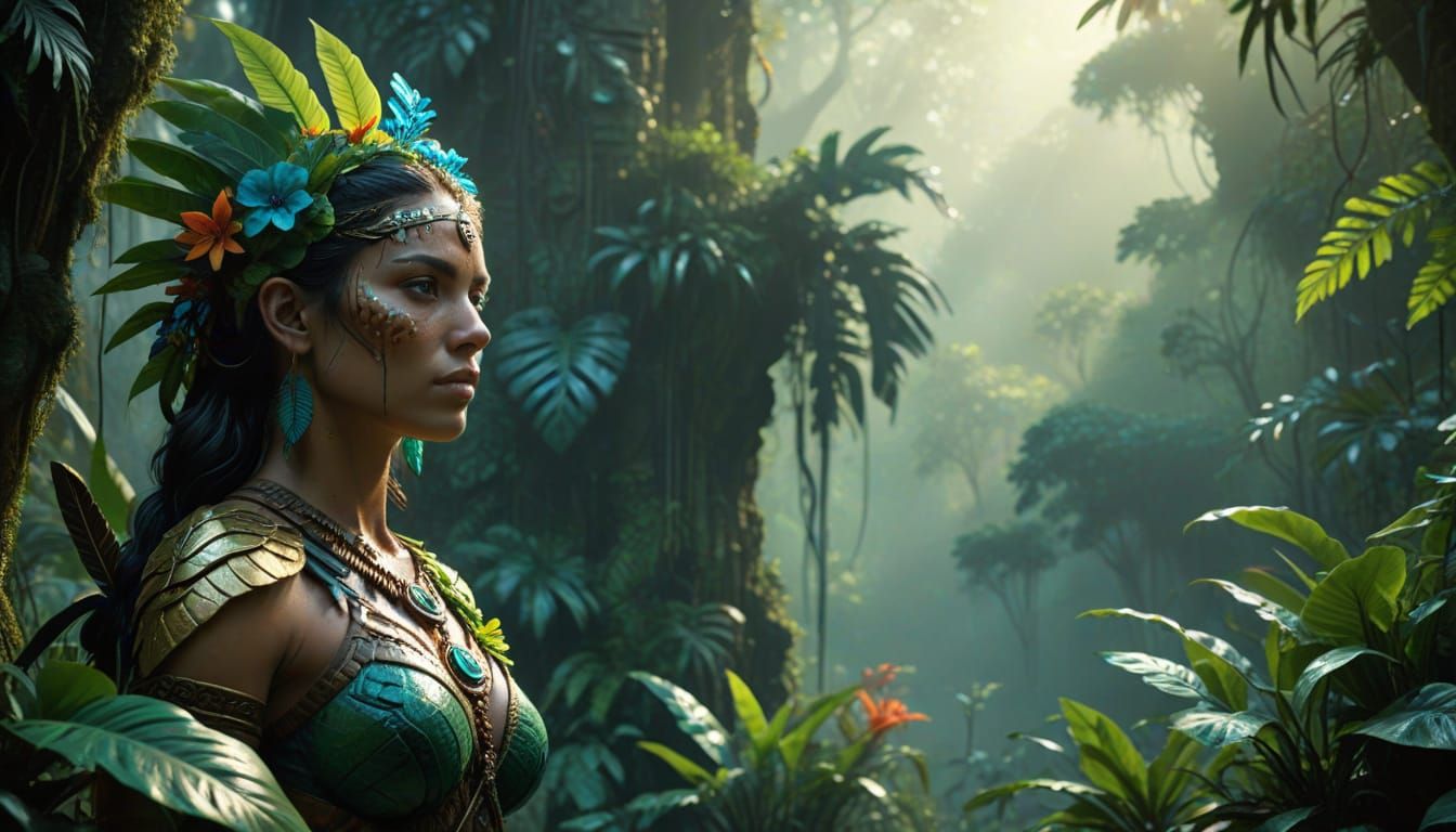 Surreal Amazonian Warrior in Emerald Lushness