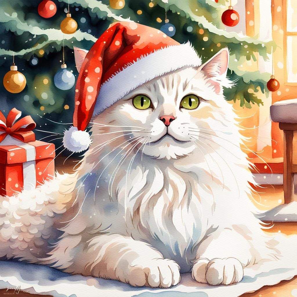 Whimsical Watercolor: White Cat's Christmas Adventure