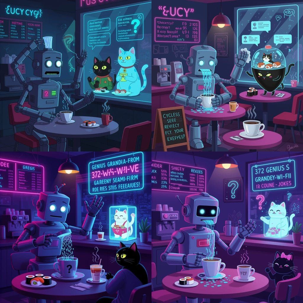 Tired Robot Barista in Neon Cafe, Futurama Style
