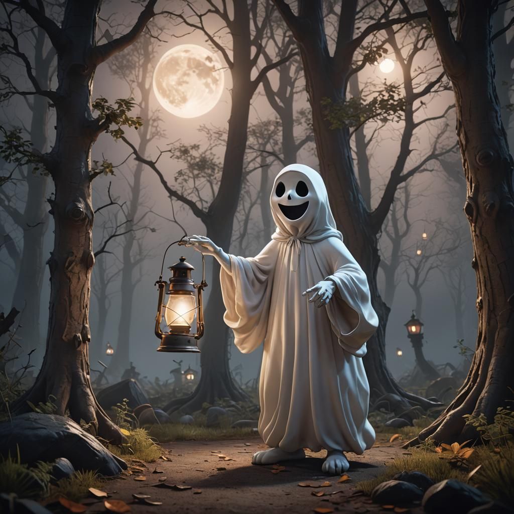 Hyper Realistic Cartoon Ghost Illuminated by Moonlight
