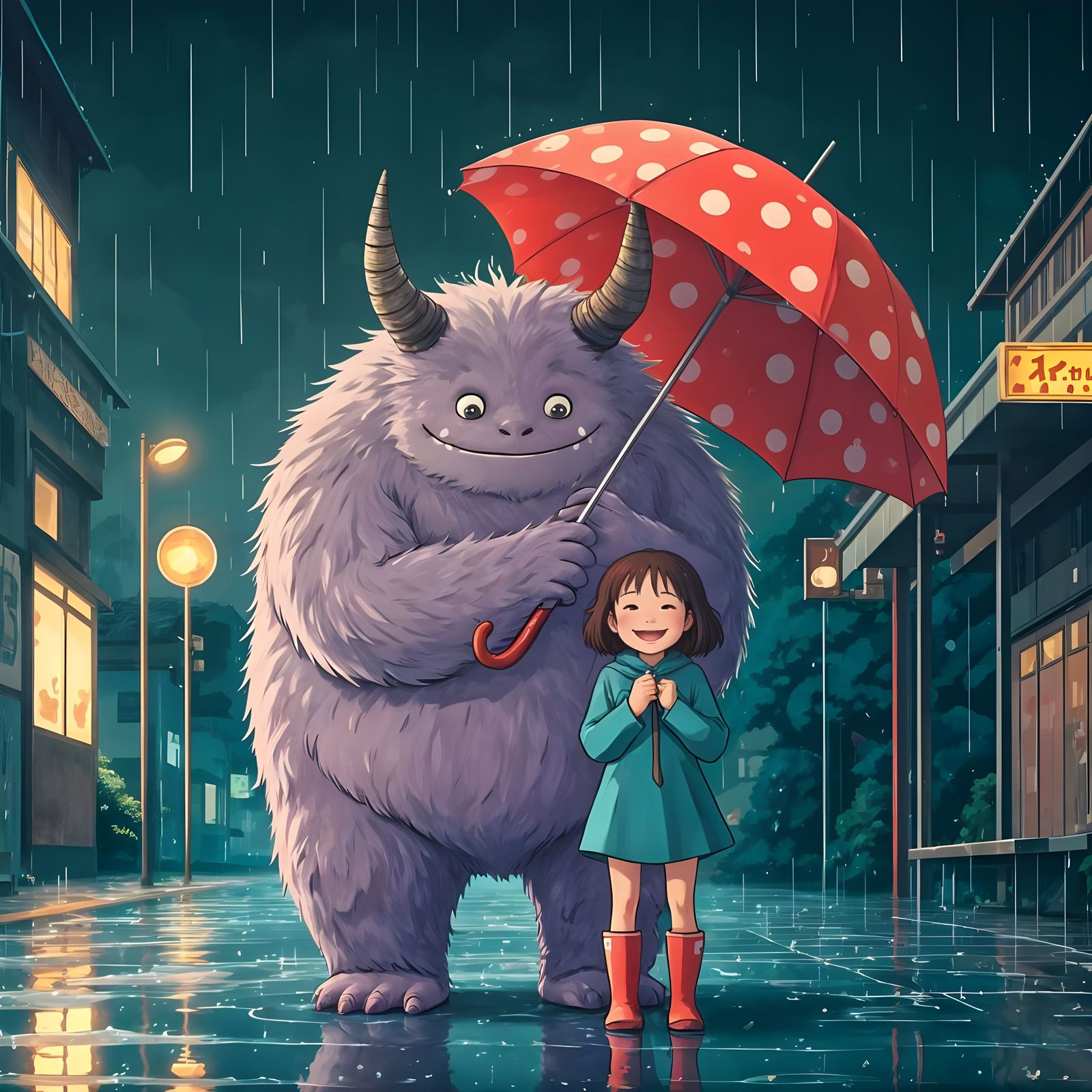 Monster's Rainy Day Rescue: Ghibli-Inspired Anime Scene