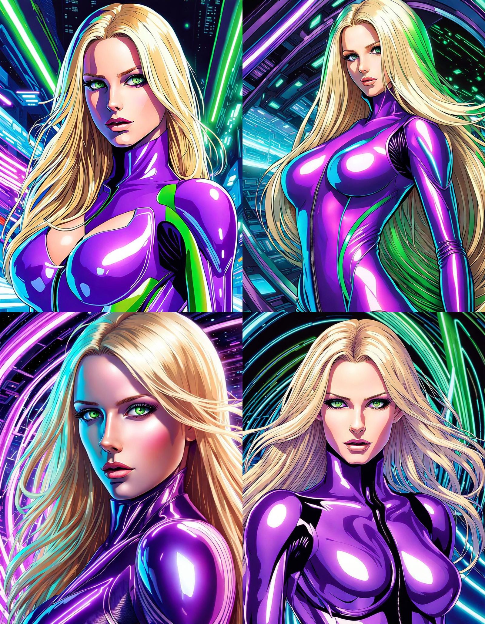 Anime Woman in Neon Bodysuit, Retrofuturistic Manga