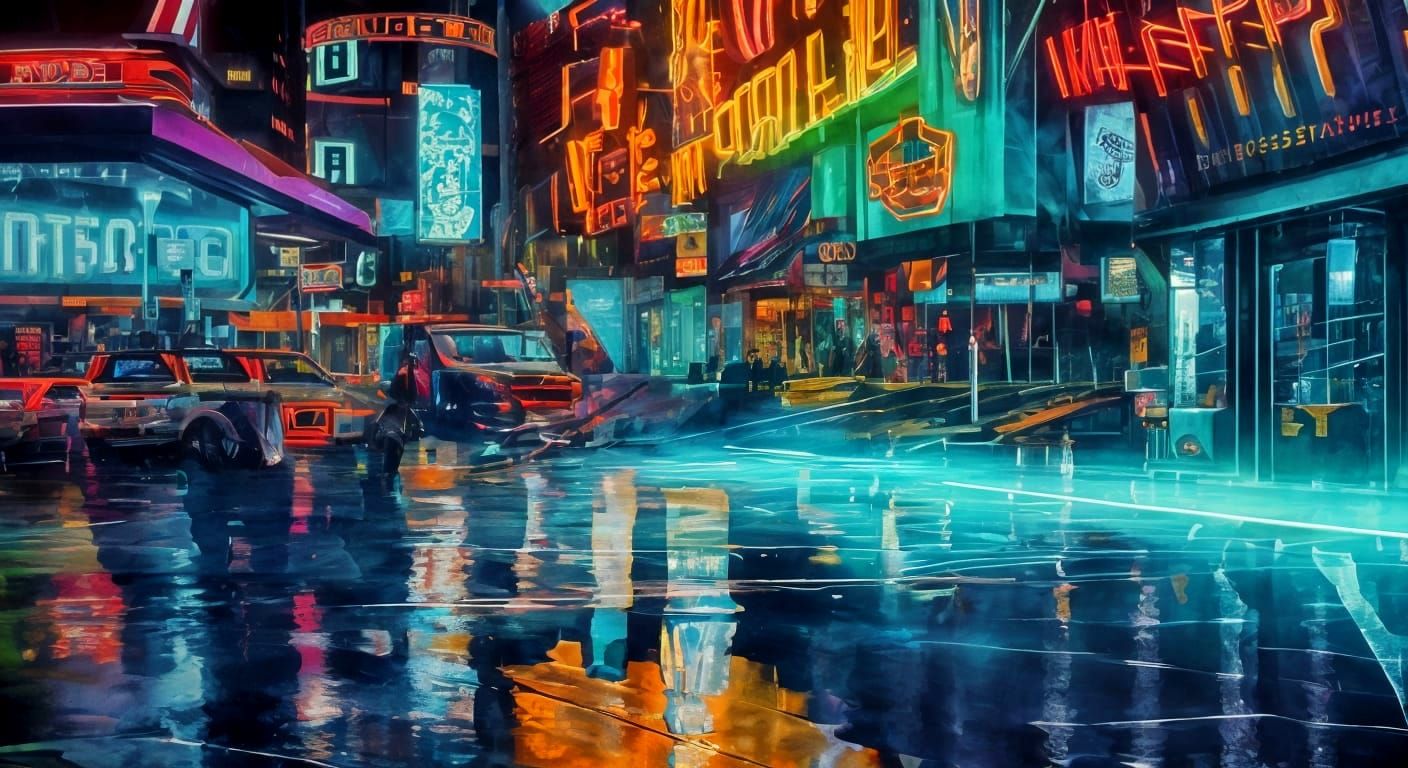 Cyberpunk Lion in Neon City: Gouache Painting