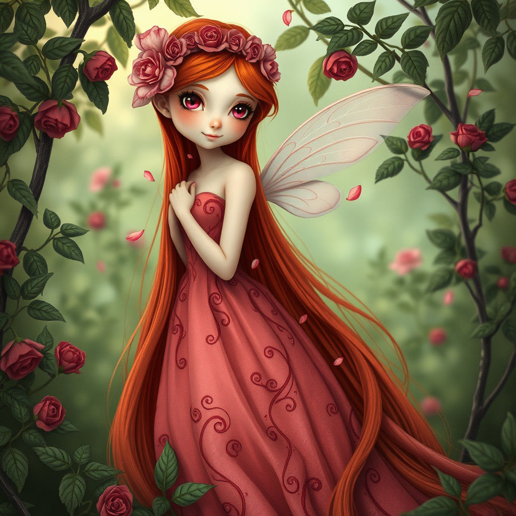 Whimsical Red-Haired Fae in Rose Gown