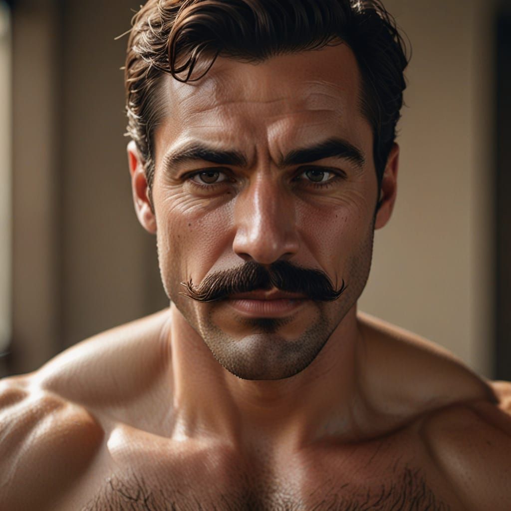 Hyper-Realistic Portrait of Muscular Man with Mustache
