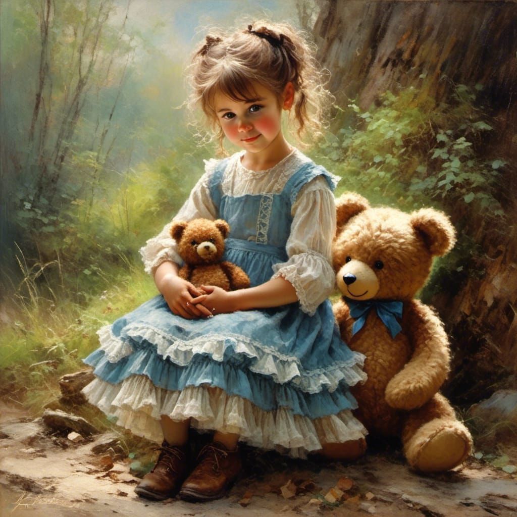 Toddler with Teddy Bear as Vintage Oil Painting