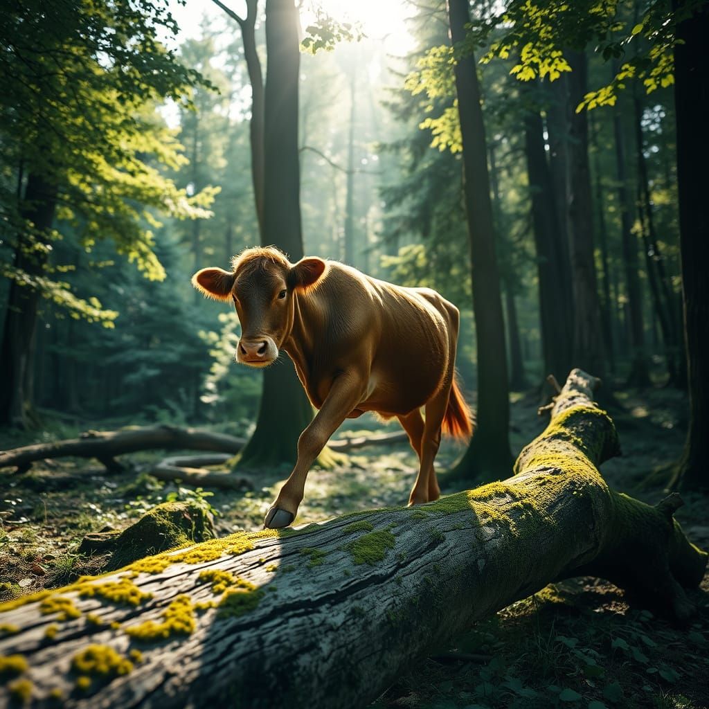 Photorealistic Cow Walks Mossy Log in Forest