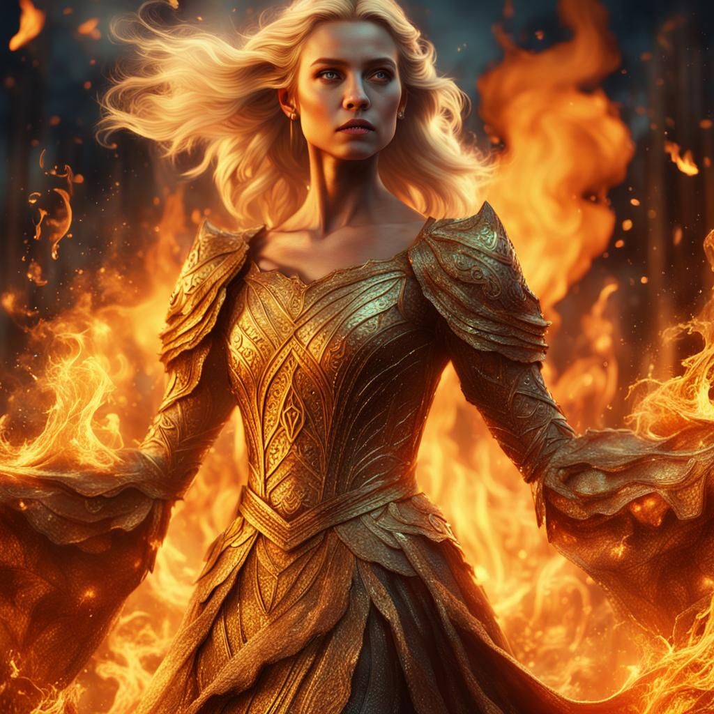 Fiery Woman in Gold Dress: Fantasy Art