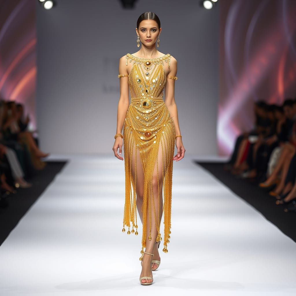Golden Beaded Dress on Fashion Runway