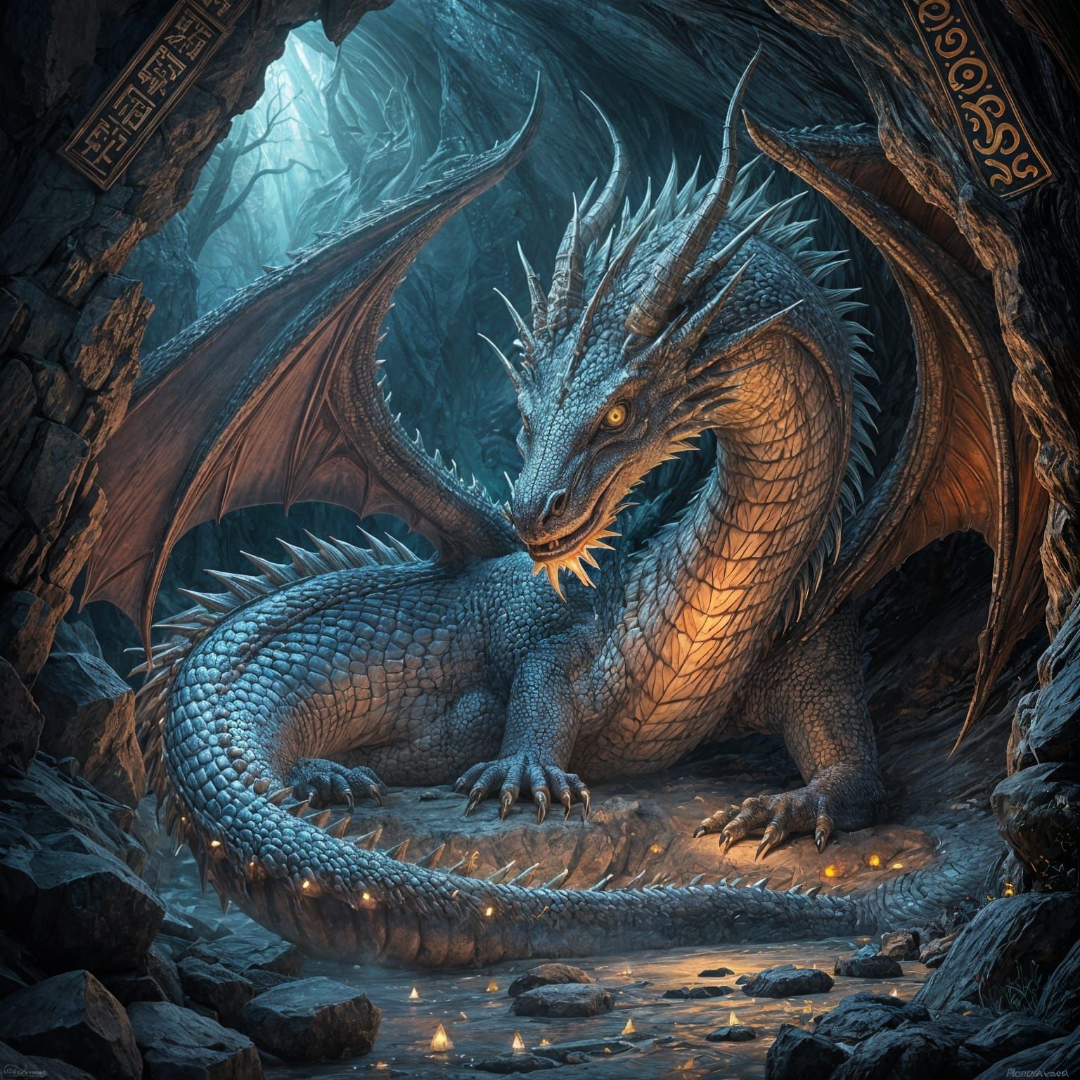 Iridescent Dragon in Cave with Crystal Lantern