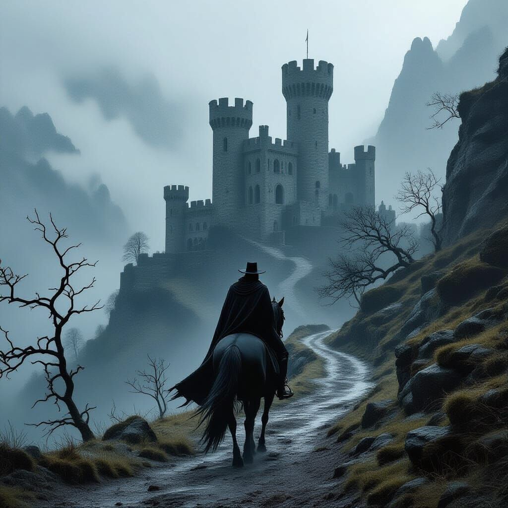 Mystical Rider Approaching Ruined Castle