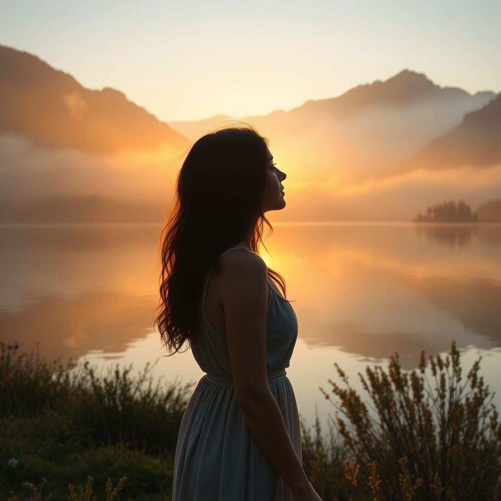 Contemplative Woman by Lake at Sunrise
