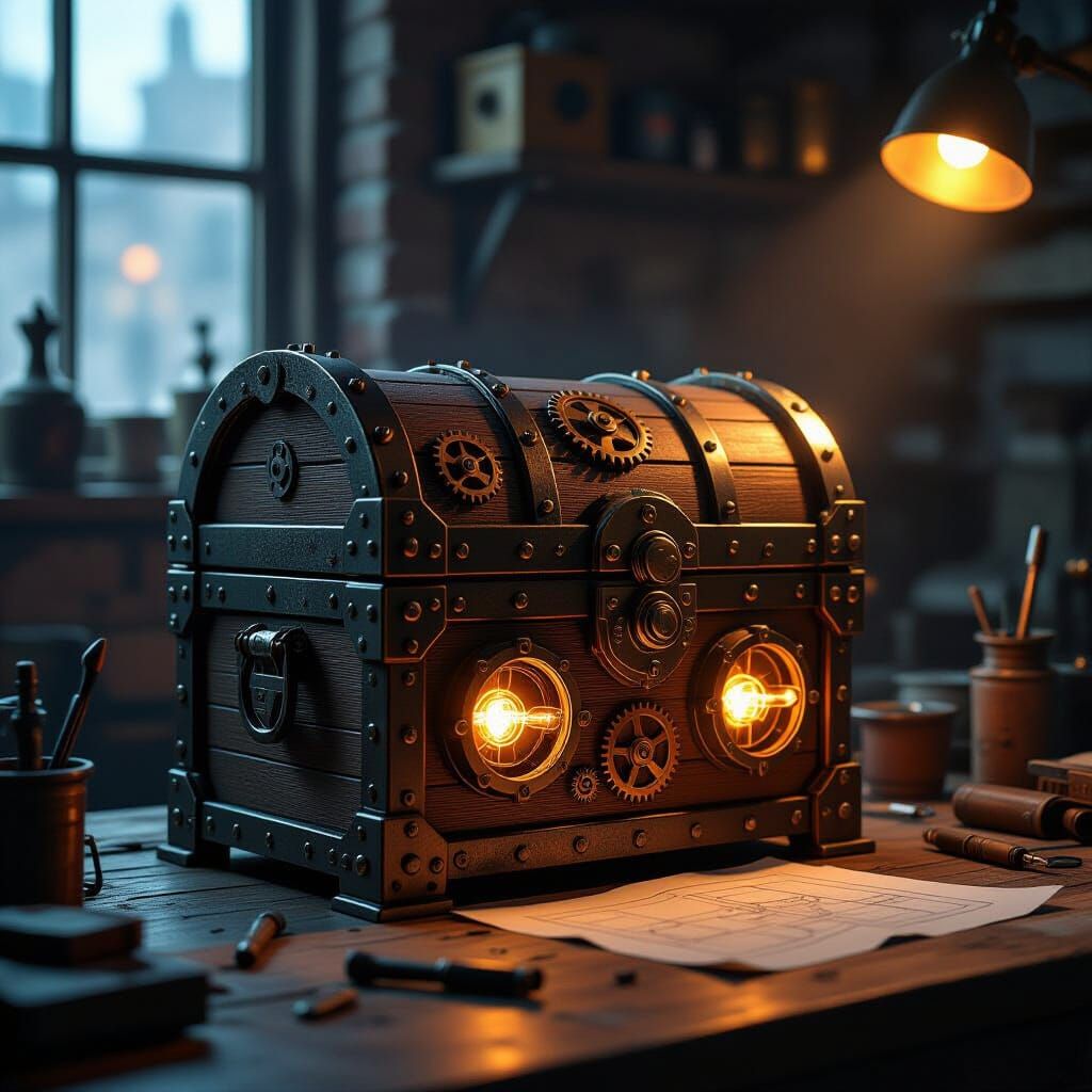 Steampunk Treasure Chest in Inventor's Workshop